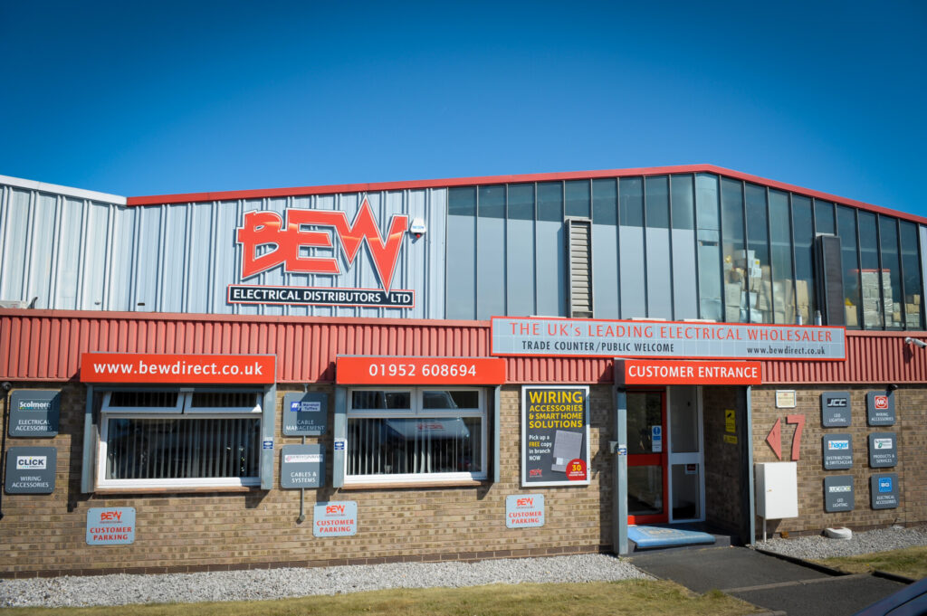 BEW Electrical Wholesalers Telford shopfront with BEW signage