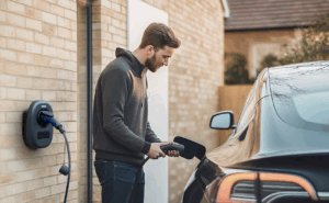A man charging his electric car at home with an Ohme Pro EV Charger 